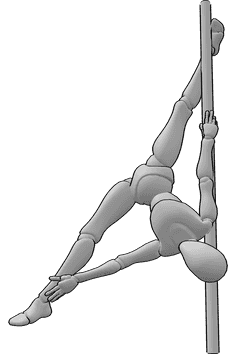 Référence des poses- Pose fendue à l'envers - Une danseuse de pole dance exécute une fente à l'envers sur la barre.