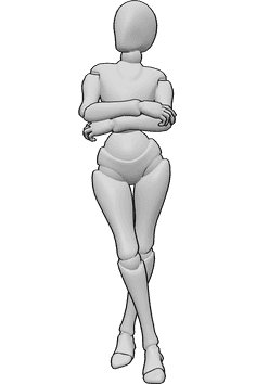 Référence des poses- Pose des jambes croisées et des bras - La femme est debout, les jambes et les bras croisés, regardant vers la droite.