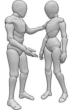 Référence des poses- Femme homme conversation triste pose - Une femme et un homme se tiennent debout et ont une conversation triste, parlant de nouvelles tristes.