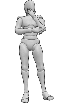 Referencia de poses- Hombre pensando de pie - El varón está de pie, mirando a la izquierda y pensando, sujetándose la barbilla con la mano izquierda