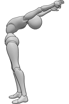 Referencia de poses- Flexión de espalda de pie - Mujer haciendo flexión dorsal de pie, levantando las manos e inclinándose hacia atrás.