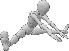 Referencia de poses- Postura sentada de flexión de piernas anchas - La hembra está sentada con las piernas abiertas e inclinada hacia delante, estirando las piernas