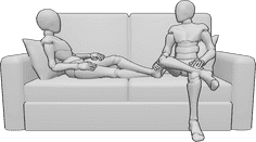 Référence des poses- Femme homme assis sur un canapé - La femme est allongée sur le canapé, l'homme est assis à côté d'elle, ils se regardent.
