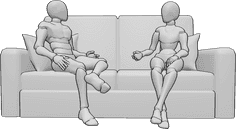 Référence des poses- Femme homme en train de parler - Une femme et un homme sont assis sur le canapé, se regardent et parlent.