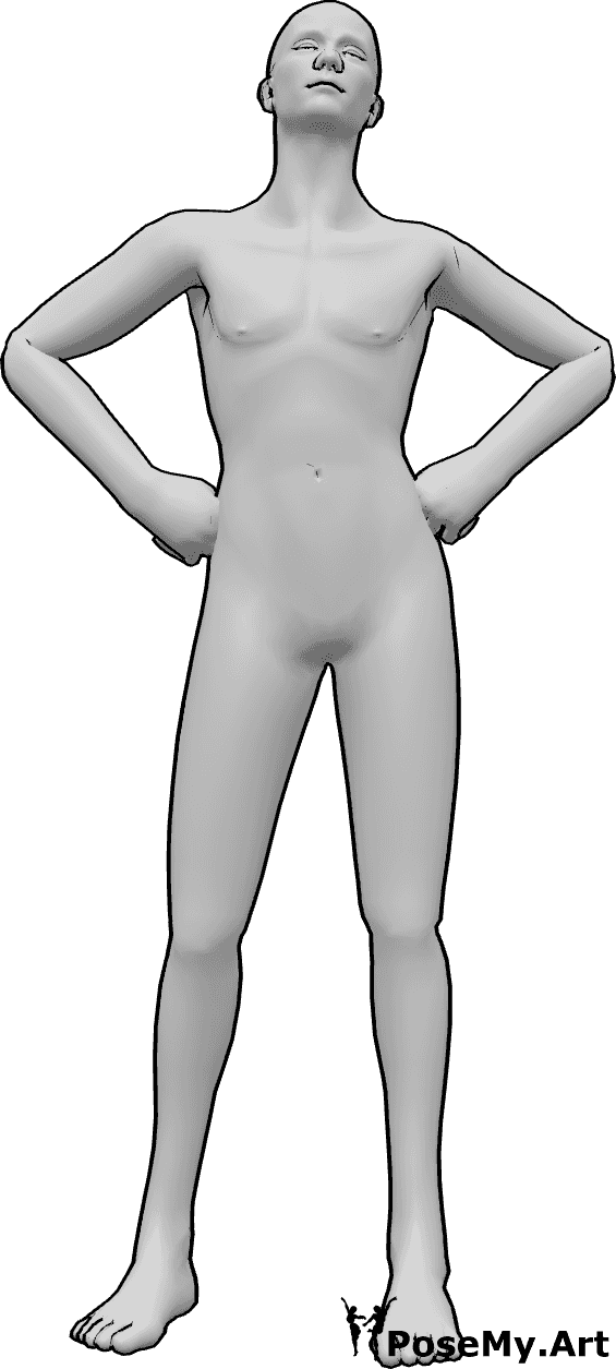 Referência de poses- Manter as ancas em pose masculina de pé - O homem está de pé, com as mãos nas ancas e a olhar para a frente