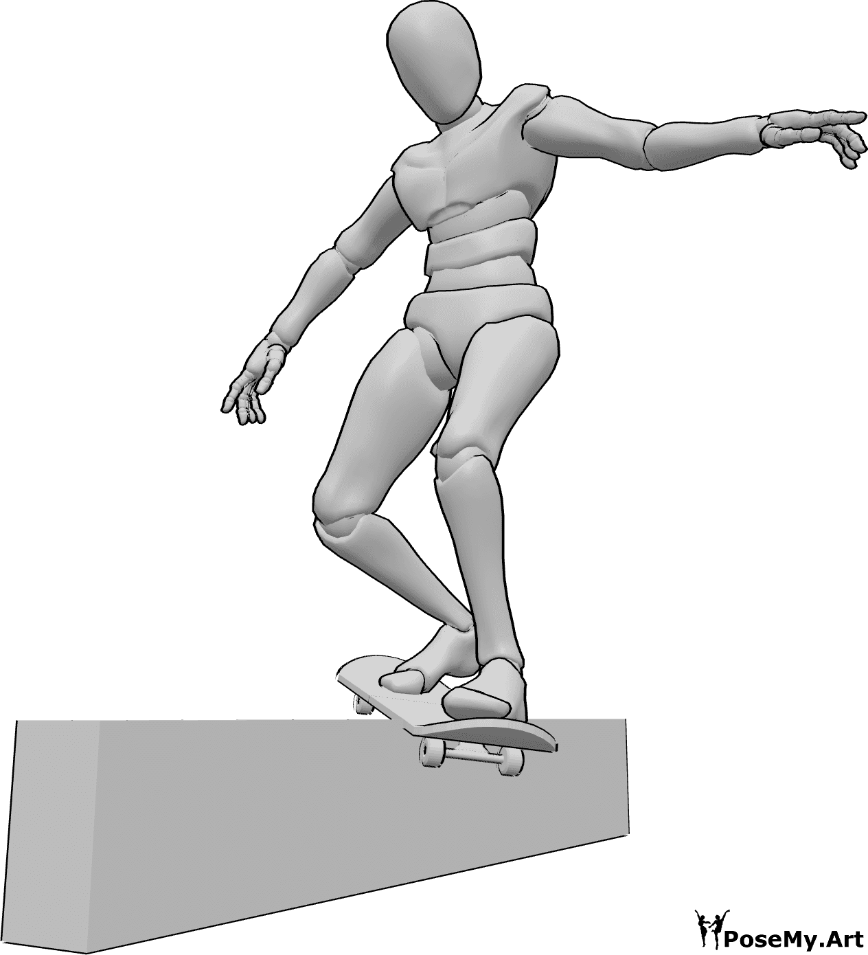 Référence des poses- Pose de la rampe de skateboard en train de glisser - Homme glissant sur une rampe avec son skateboard, en équilibre avec ses mains, référence de dessin de skateboard