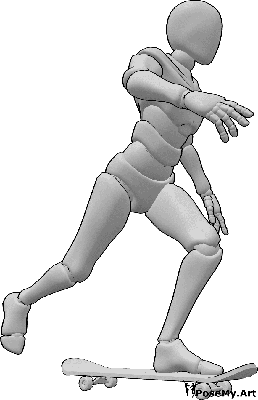 Referencia de poses- Postura de empuje del pie derecho - Varón en monopatín, con el pie izquierdo adelantado y empujando con el derecho