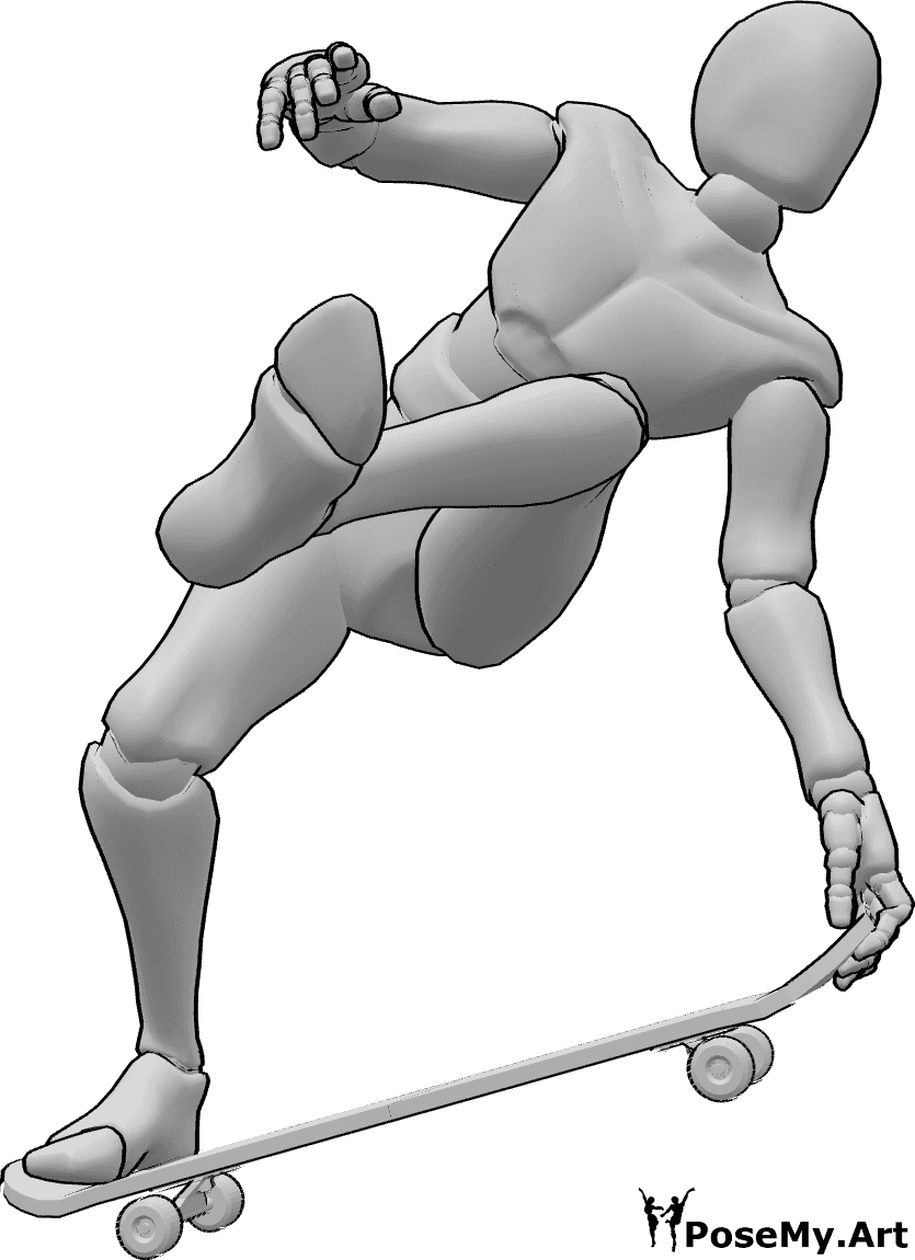 Référence des poses- Planche à roulettes, pose des jambes relevées - Homme faisant du skateboard, sautant haut, tenant le skateboard de la main gauche et levant la jambe gauche.