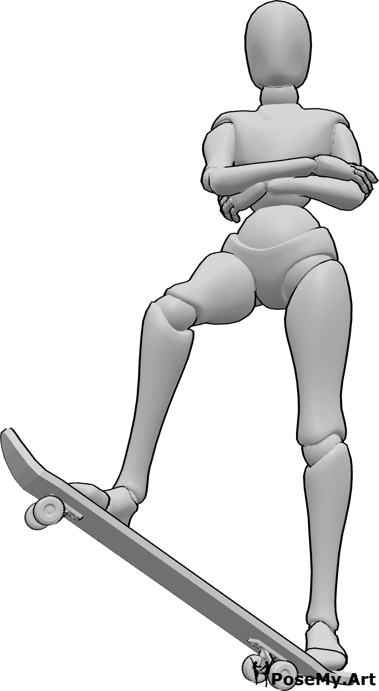 Référence des poses- Femme skateboard debout - La femme est debout, les bras croisés, son pied droit est sur le bord de la planche à roulettes.