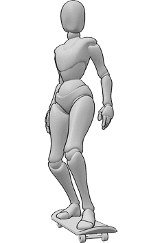 Referencia de poses- Postura femenina en monopatín - La mujer está de pie sobre el monopatín, con el pie izquierdo hacia delante y el derecho hacia atrás.
