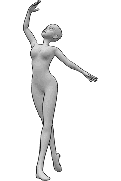 Referencia de poses- Anime ballet pose de pie - Anime femenino de pie en pose de ballet, levantando la mano derecha y mirando hacia arriba
