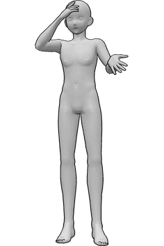 Referência de poses- Pose de homem de anime a discutir - Homem anime zangado está a segurar a testa e a discutir, explicando com a mão esquerda