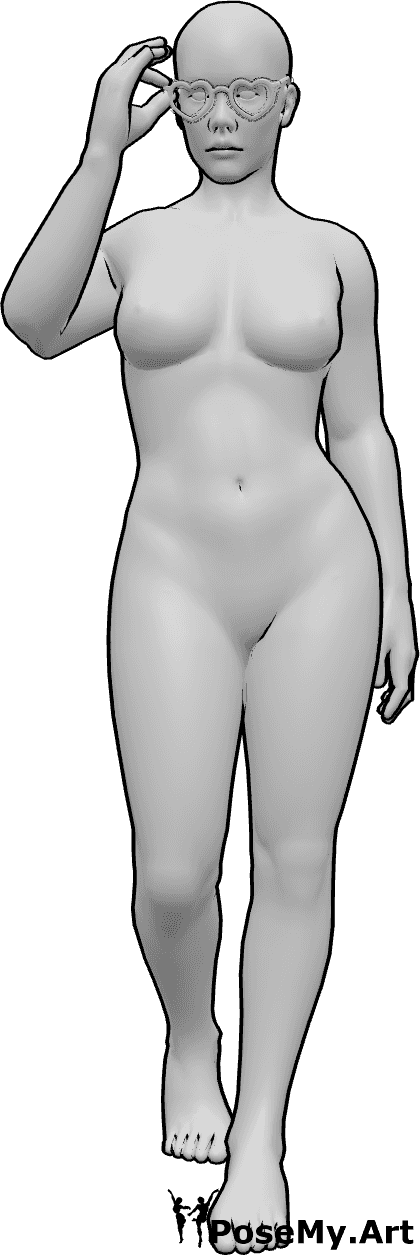 Pose Reference- Female standing holding glasses pose - Female is standing, looking forward, wearing heart shaped glasses and holding it with her right hand