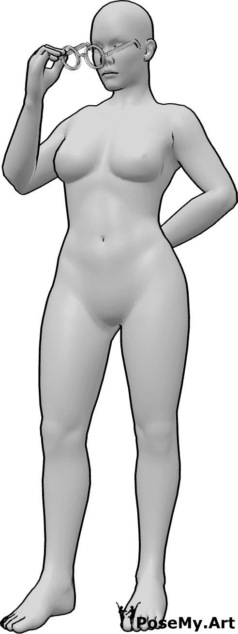 Referência de poses- Mulher a tirar os óculos em pose - A mulher está de pé e tira os óculos com a mão direita