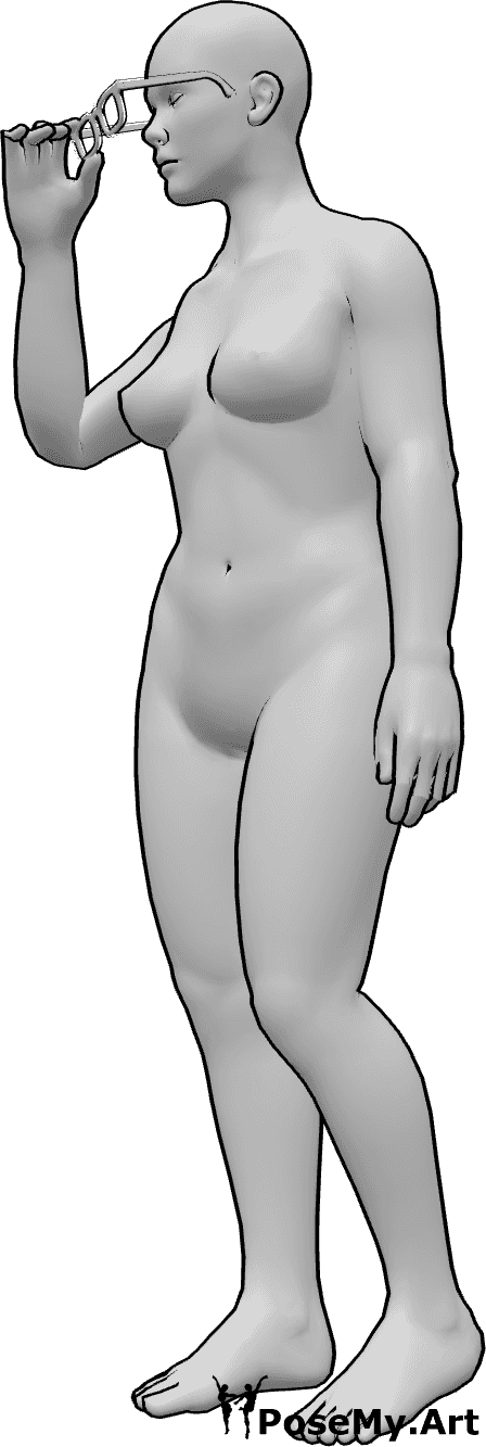 Référence des poses- Femme posant des lunettes - La femme est debout et met ses lunettes pour mieux voir.