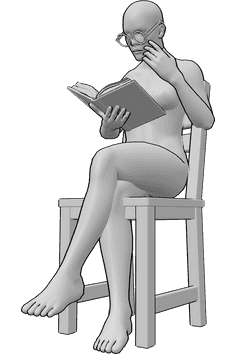 Referencia de poses- Postura de gafas de lectura - Mujer sentada leyendo un libro, con gafas