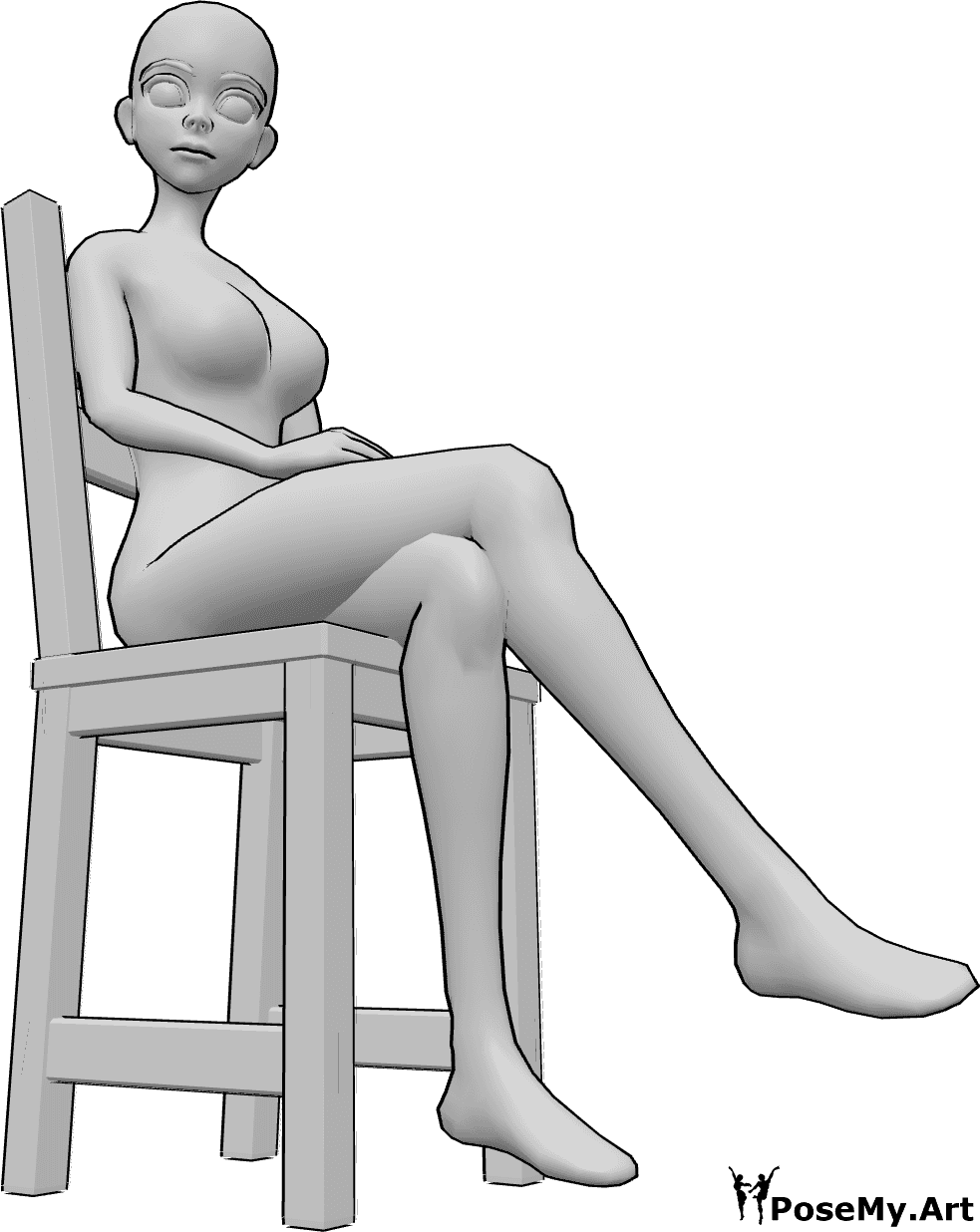 Referência de poses- Anime feminino sentado em pose de pernas cruzadas - A anime está sentada na cadeira com as pernas cruzadas e a olhar para a direita