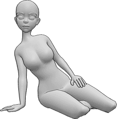 Referência de poses- Pose de anime sentado no chão - A anime está sentada no chão, apoiada na mão direita e a olhar para a frente