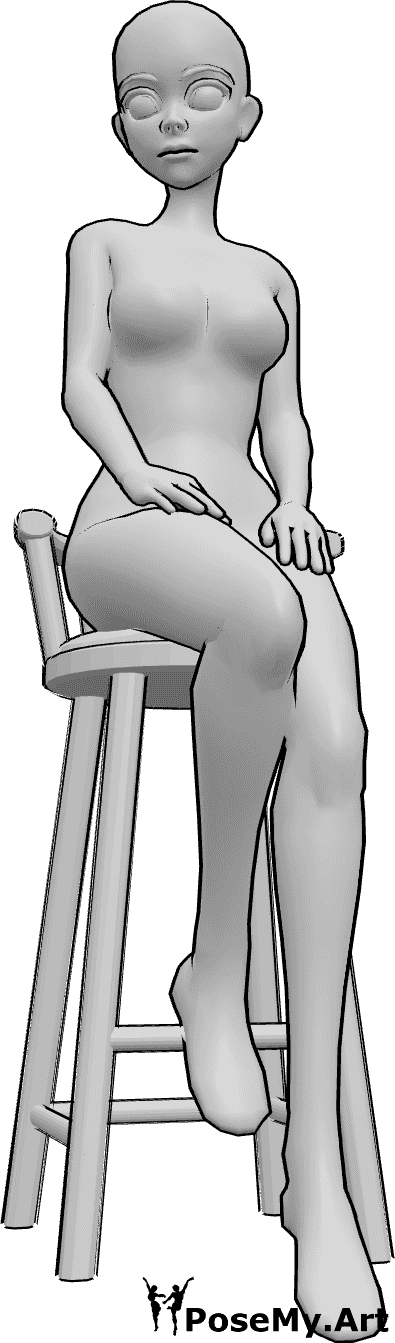 Referencia de poses- Anime taburete sentado pose - La mujer anime está sentada en el taburete del bar y mira a la derecha