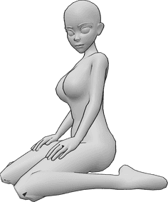 Referência de poses- Pose de anime sentado - A mulher anime está sentada numa pose gira, ajoelhada e a olhar para a esquerda