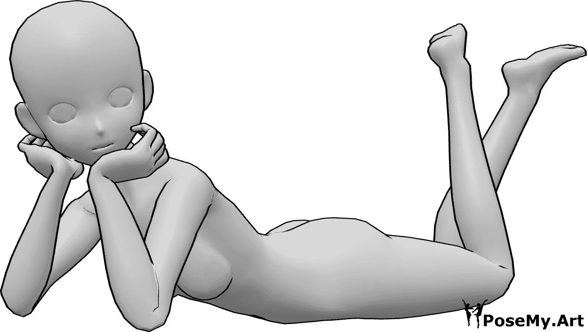 Referencia de poses- Anime lindo mentira pose - Una mujer anime está tumbada, posando con sus manos y doblando las piernas.