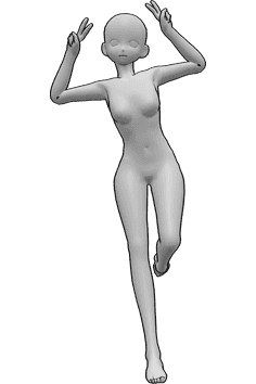 Referencia de poses- Anime lindo queso pose - Mujer anime está saltando, mostrando el signo de la paz con ambas manos, ligeramente inclinada hacia delante