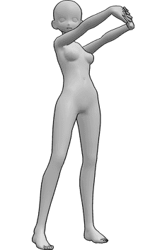 Riferimento alle pose- Anime che allungano le mani - La donna animata è in piedi, tende le mani in avanti e guarda a destra.