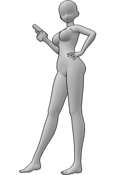 Pose Reference- Anime female standing holding gun pose - Anime female is standing confidently, her left hand is on her hip and holding a gun in her right hand