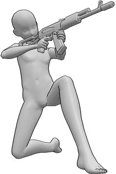 Pose Reference- Anime male kneeling aiming pose - Anime male is kneeling, holding an AK74u in both hands and aiming with it