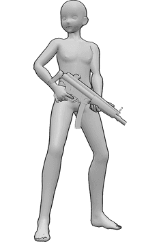 Pose Reference- Anime male standing holding gun pose - Anime male is standing confidently, holding an MP5 in both hands, looking to the right