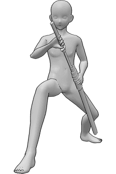 Referencia de poses- Anime masculino agachado katana pose - Anime masculino está medio agachado y sacando su katana de su vaina con la mano derecha