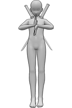 Referencia de poses- Postura de samurai de pie - Anime masculino está de pie tranquilamente, haciendo un signo con las palmas de las manos, llevando dos katanas en la espalda
