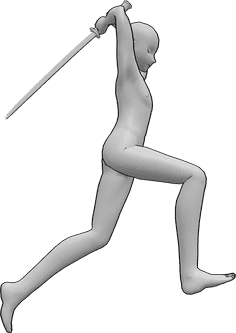 Referencia de poses- Samurai corriendo pose de huelga - Anime masculino está corriendo y está a punto de golpear con su katana, sosteniéndola con ambas manos por encima de su cabeza