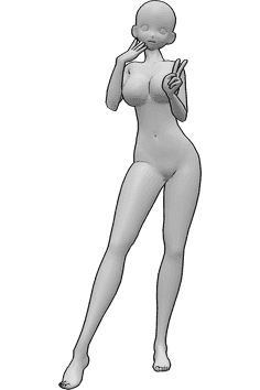Referencia de poses- Postura de mujer anime de pie - Mujer anime está de pie y posando, mostrando el signo de la paz y tocándose la cara