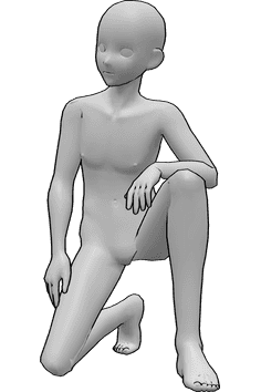 Referencia de poses- Postura de rodillas - Anime masculino está arrodillado, apoyado en su rodilla derecha, su mano izquierda está en su rodilla izquierda y está mirando a la derecha