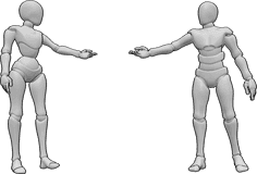 Referencia de poses- Postura de hombre mujer - Mujer y hombre están de pie, se miran y se tienden la mano