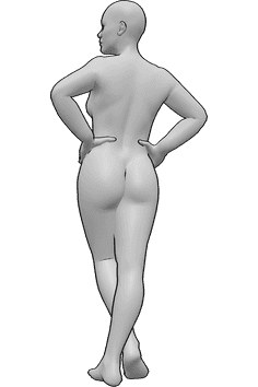 Referencia de poses- Manteniendo las caderas pose de espalda femenina - Mujer de pie con las piernas cruzadas, las manos en las caderas y mirando a la izquierda.