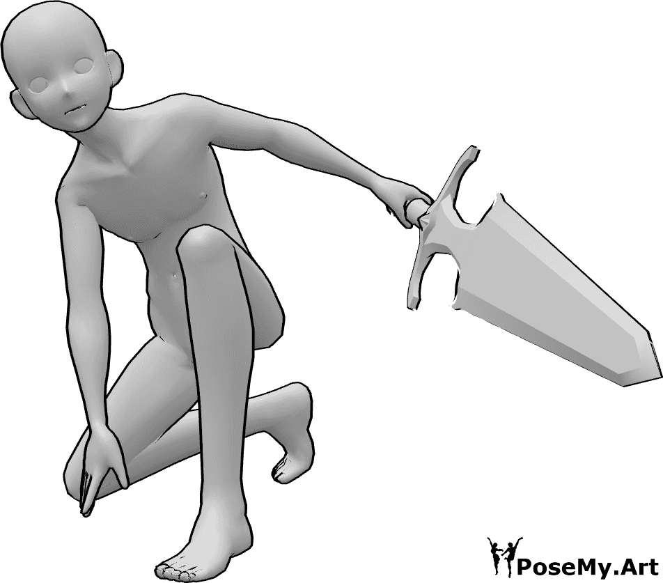 Posen-Referenz- Anime kniend Schwert halten Pose - Anime männlich auf dem Knie mit einem Schwert Pose