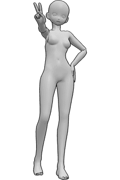 Referência de poses- Pose de paz de anime em pé - Mulher anime de pé, com a mão esquerda na anca e a mostrar o sinal da paz com a mão direita