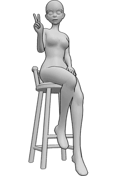 Referência de poses- Anime sentado em pose de paz - Uma mulher anime está sentada num banco de bar e mostra o sinal da paz com a mão direita