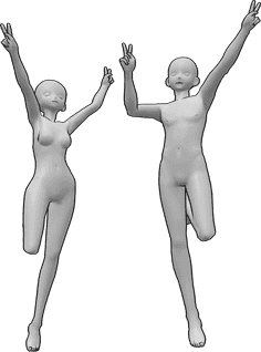 Referência de poses- Pose de paz com salto de anime - Anime feminino e masculino estão a saltar e a mostrar o sinal da paz com as duas mãos