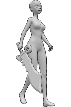 Pose Reference- Anime walking sword pose - Anime female calmly walking with a big sword pose