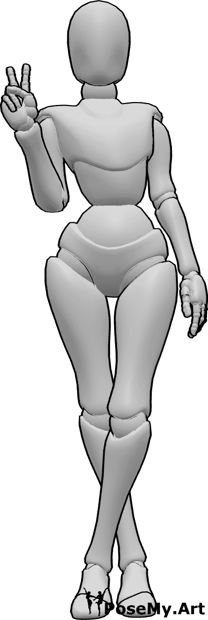 Referência de poses- Pose do sinal da paz com a mão direita - Mulher de pé com as pernas cruzadas e a mostrar o sinal da paz com a mão direita