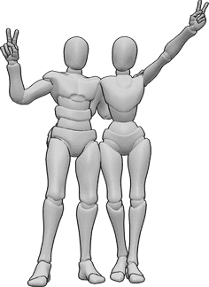 Referencia de poses- Postura femenina masculina del signo de la paz - Mujer y hombre están de pie, se abrazan y muestran el signo de la paz