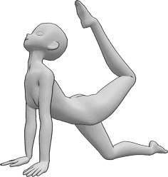 Riferimento alle pose- Posa yoga avanzata di Anime - Anime femminili fanno yoga, sono inginocchiate e sollevano la gamba sinistra, guardando in alto.