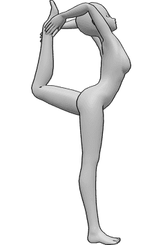 Riferimento alle pose- Postura di stretching in piedi anonimo - Una donna antropomorfa è in piedi e sta facendo yoga, tenendo il piede sinistro con entrambe le mani