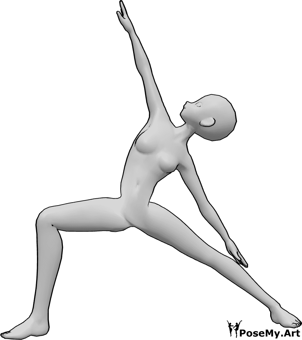 Referencia de poses- Postura de yoga anime femenina - Mujer anime está haciendo yoga, estirando las piernas y los brazos y mirando hacia arriba