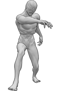 Referencia de poses- Zombie alcanzando pose - Zombie está caminando, persiguiendo a alguien y extendiendo su mano derecha para alcanzar