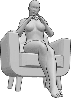 Référence des poses- Pose de la femme avec un doigt en forme de cœur - La femme est assise dans le fauteuil et fait un cœur avec ses doigts.