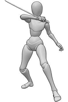 Referencia de poses- Postura femenina de ataque con katana - La mujer está atacando con su katana, sosteniéndola con su mano derecha y está a punto de apuñalar algo.